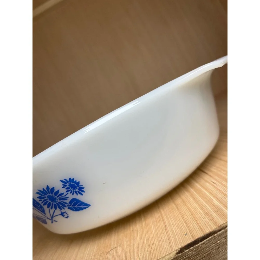 Vintage Anchor Hocking Fire-King Blue Floral Milk Glass Dish 438 Oven Proof MCM